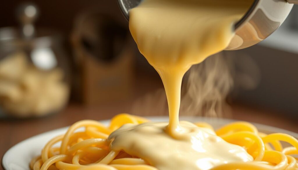 Sauce au fromage râpé onctueuse versée sur des pâtes