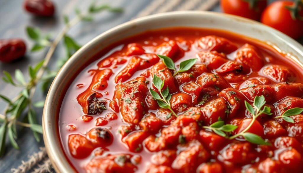 Sauce aux tomates séchées dans un bol avec des herbes fraîches et de l'huile d'olive