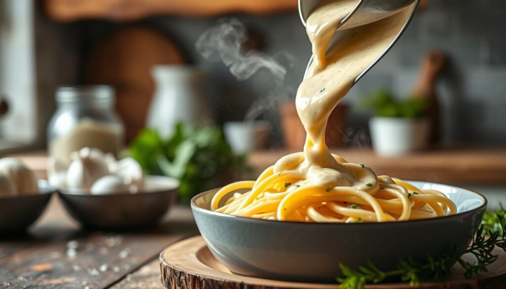 Sauce crémeuse à l'ail maison versée sur des pâtes fraîches
