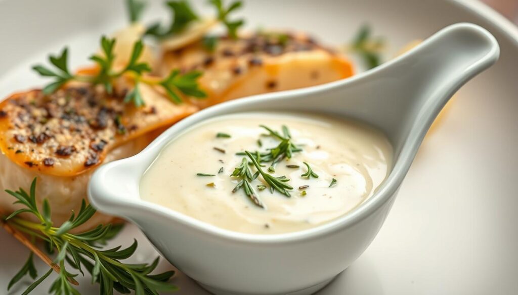 Sauce crémeuse à l'ail terminée avec des herbes fraîches
