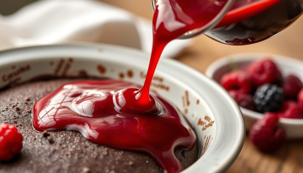 Sauce de fruits rouges versée sur un dessert au chocolat