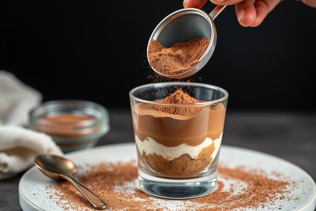 Saupoudrage de cacao non sucré sur le dessus du tiramisu speculoos