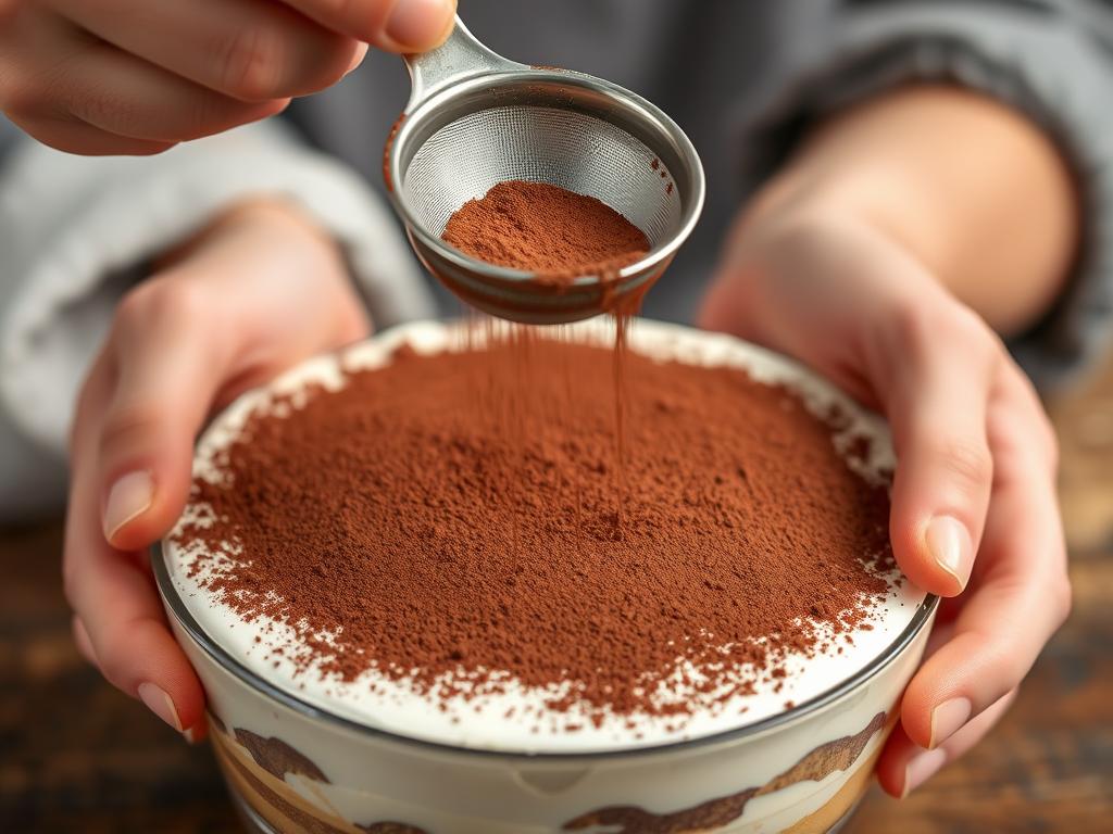 Saupoudrage de cacao sur le tiramisu speculoos terminé Saupoudrage de cacao sur le tiramisu speculoos terminé