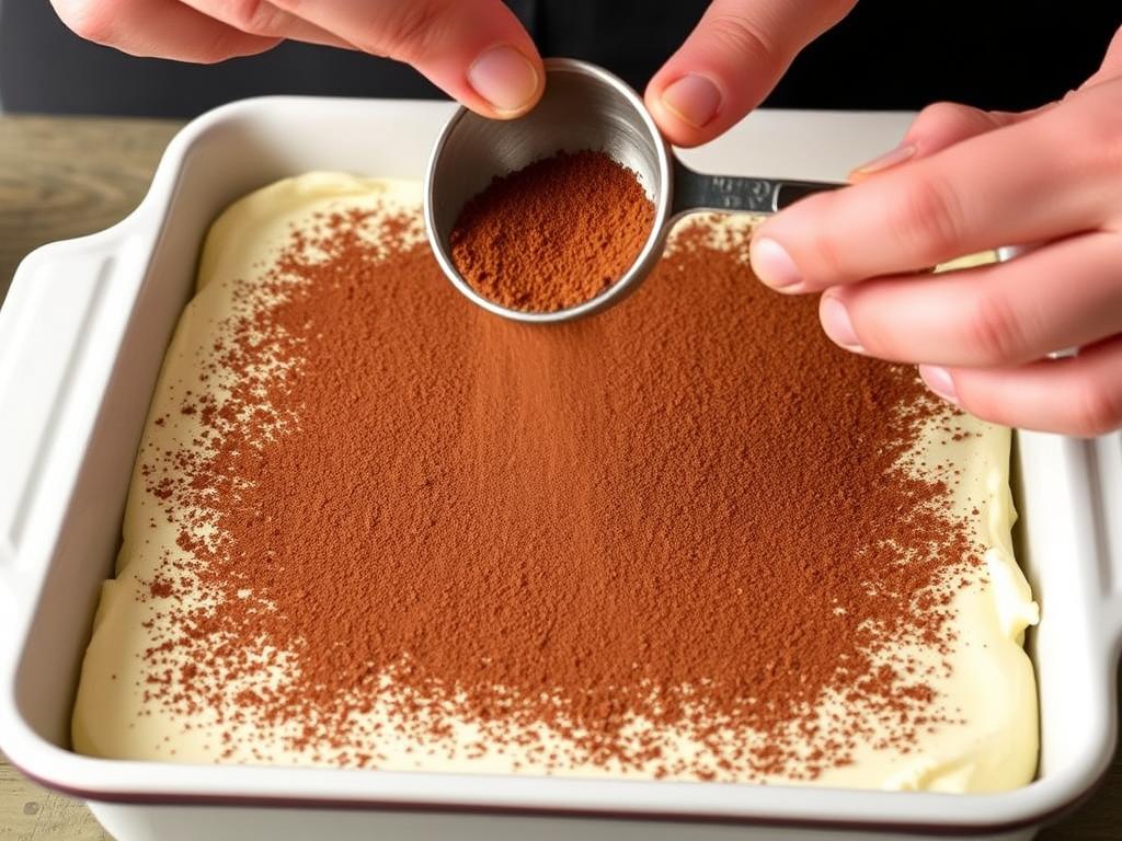 Saupoudrage de cacao sur le tiramisu terminé