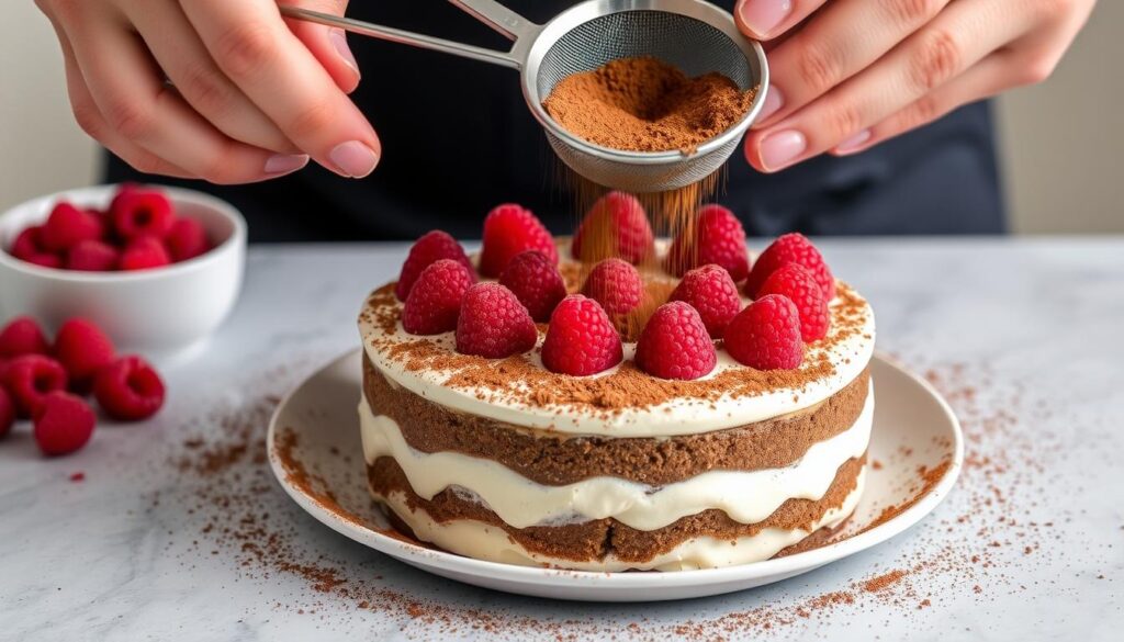 Tiramisu aux framboises décoré de framboises fraîches et saupoudré de cacao