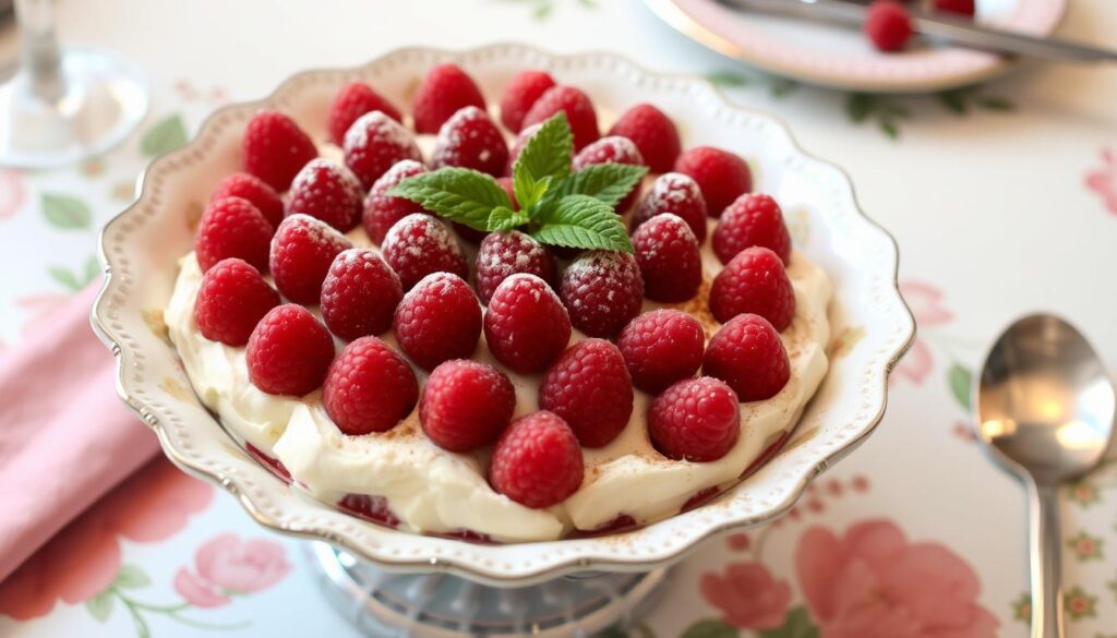 Tiramisu aux framboises présenté dans un joli plat de service avec décoration