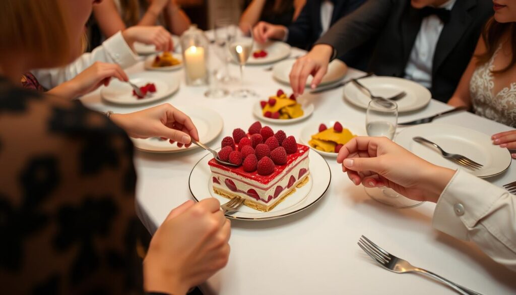 Tiramisu aux framboises servi à table avec des invités qui se régalent