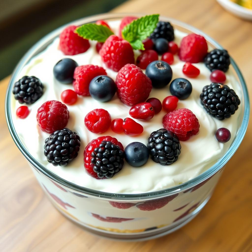 Tiramisu aux fruits rouges mixtes décoré de différentes baies