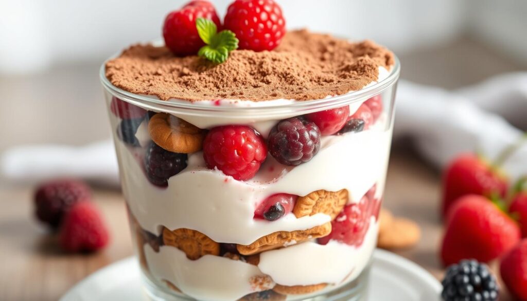 Tiramisu aux speculoos et fruits rouges servi dans une verrine transparente