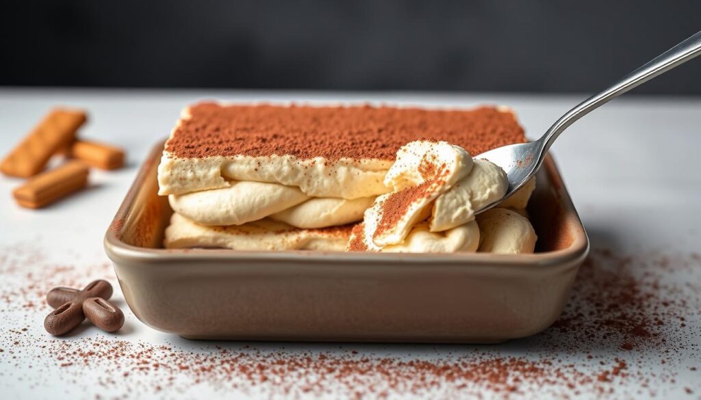 Tiramisu aux speculoos servi dans un plat rectangulaire, saupoudré de cacao