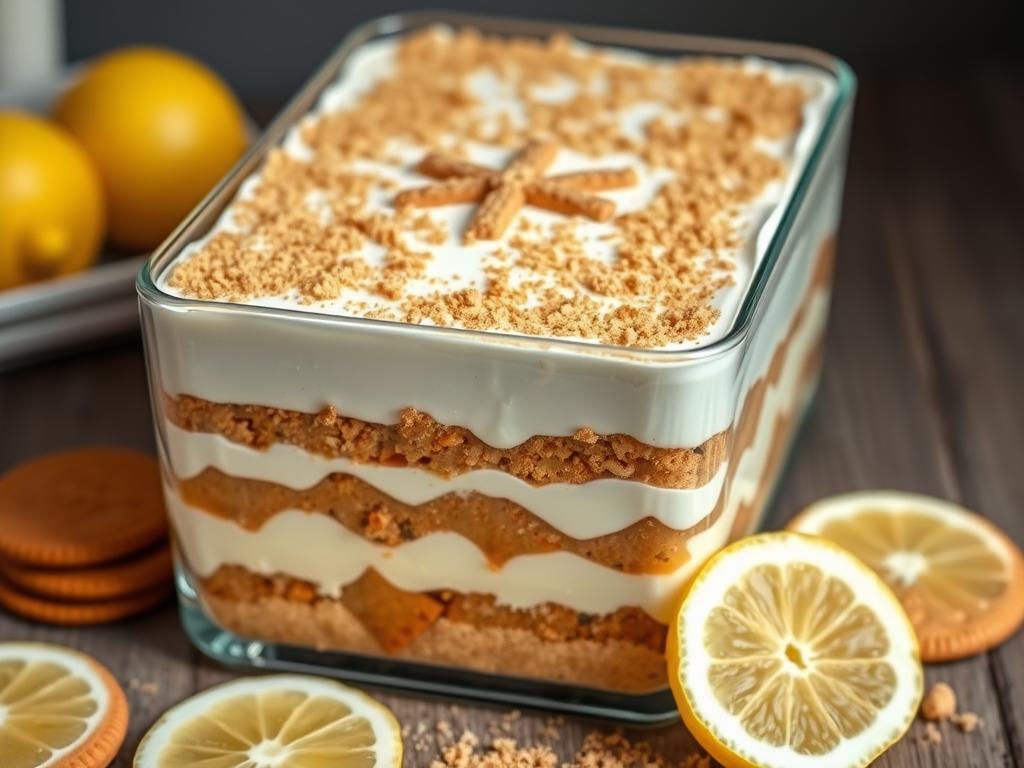 Tiramisu citron speculoos en présentation familiale dans un grand plat transparent