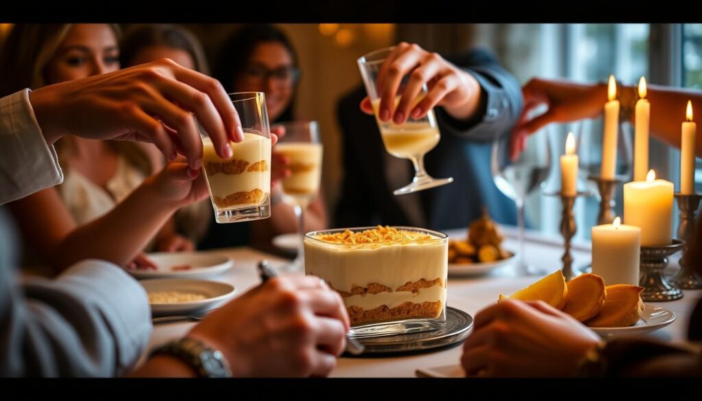Tiramisu citron speculoos servi à table avec des invités qui se régalent
