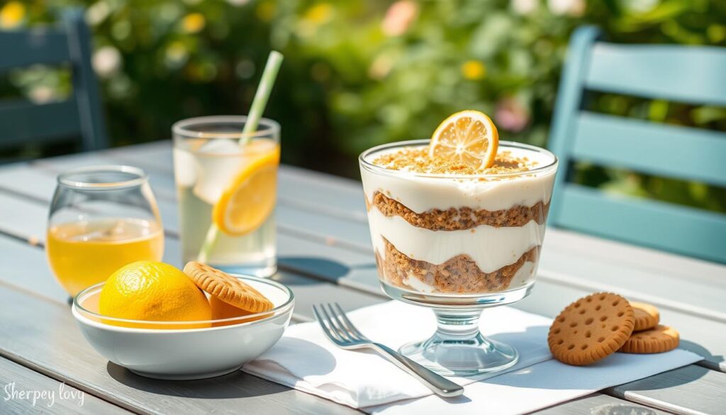 Tiramisu citron speculoos servi avec un thé glacé au citron pour un goûter estival
