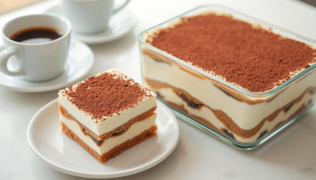 Tiramisu facile et rapide servi dans un plat rectangulaire avec une portion servie