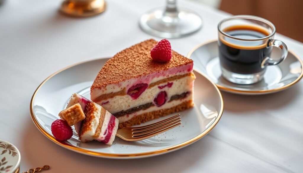 Tiramisu framboises speculoos servi avec un café