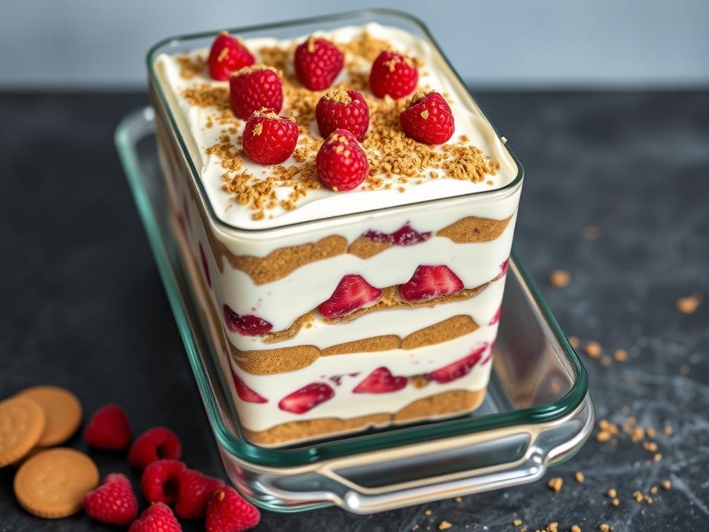 Tiramisu framboises speculoos servi en plat familial
