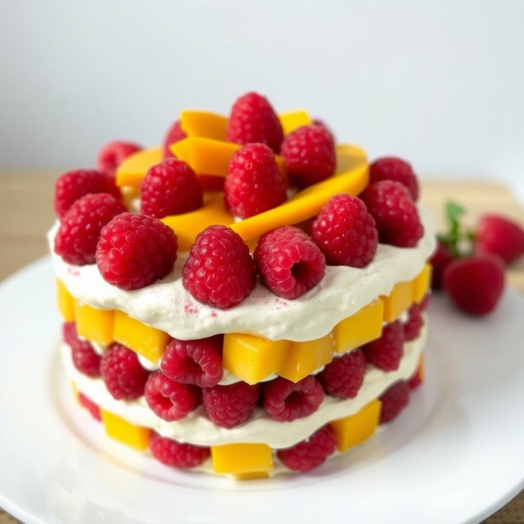 Tiramisu mangue-framboise avec des cubes de mangue et des framboises