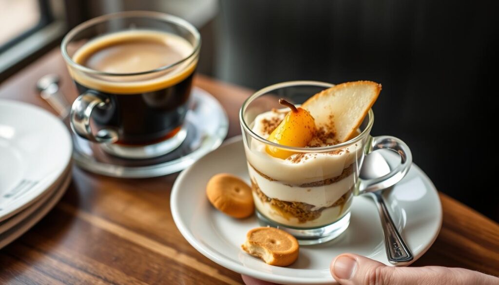 Tiramisu poire speculoos accompagné d'un café