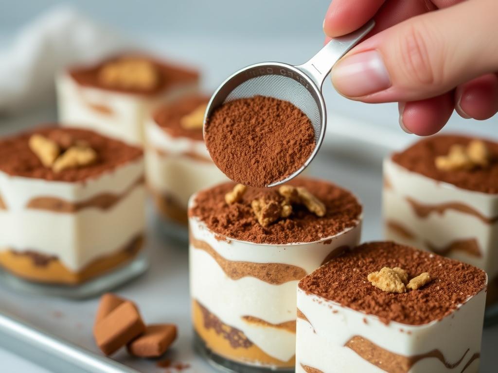 Tiramisu poire speculoos saupoudré de cacao et prêt à être mis au réfrigérateur