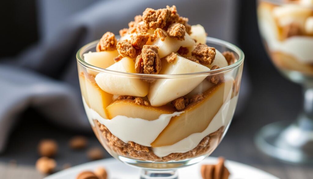 Tiramisu poire speculoos servi dans une verrine avec des miettes de spéculoos sur le dessus