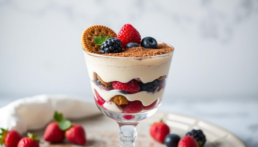 Tiramisu speculoos fruits rouges final saupoudré de cacao et décoré