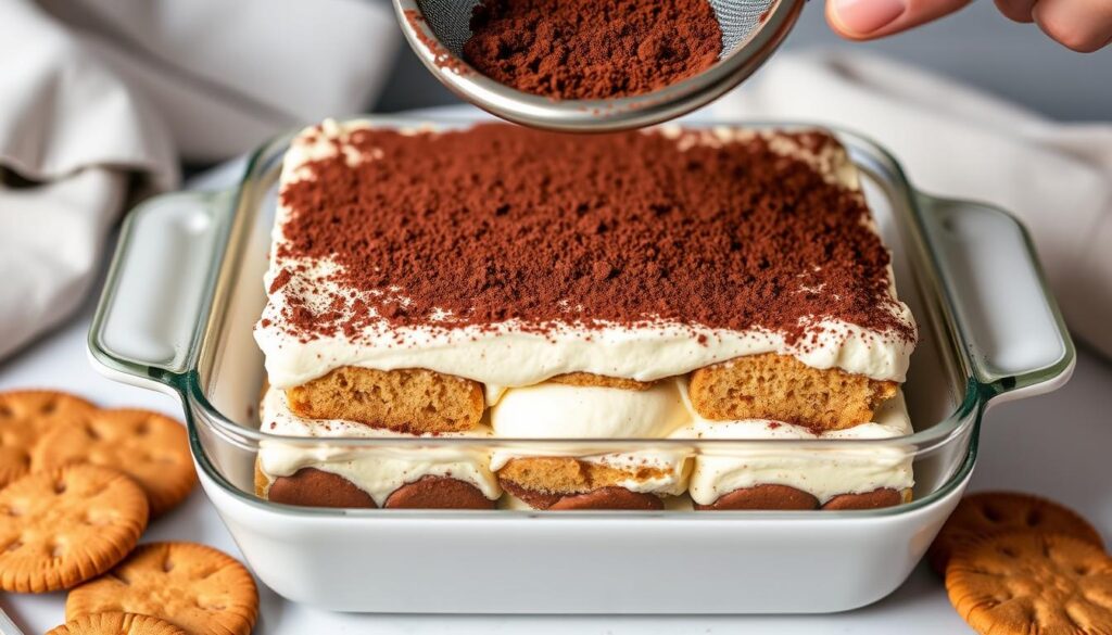 Tiramisu speculoos mascarpone saupoudré de cacao prêt à être servi