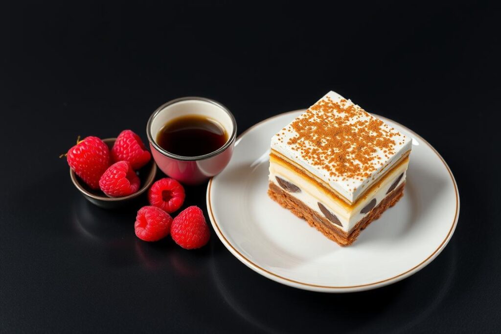Tiramisu speculoos mascarpone servi avec café et fruits rouges