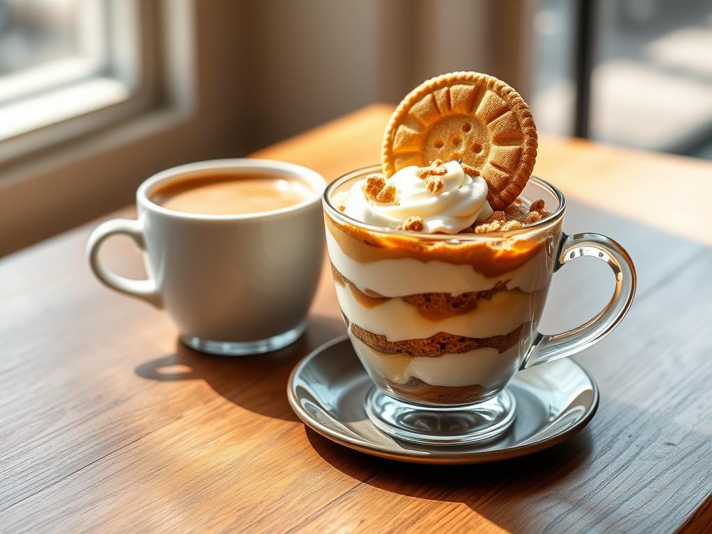 Tiramisu speculoos pomme servi avec un café