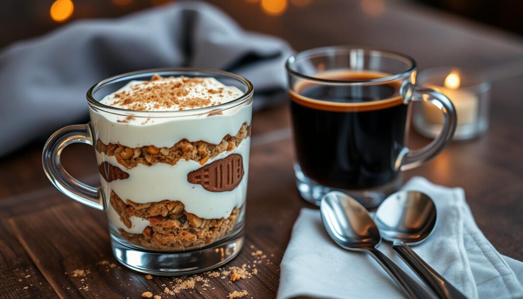 Tiramisu speculoos sans oeuf servi avec un café