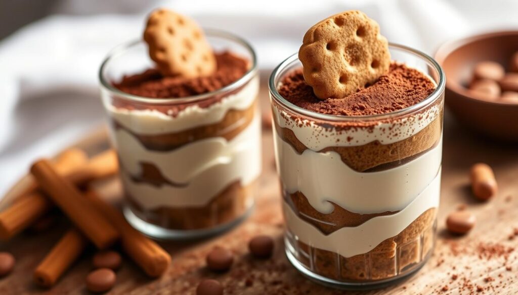 Tiramisu speculoos sans oeuf servi dans un verre avec un biscuit speculoos sur le dessus