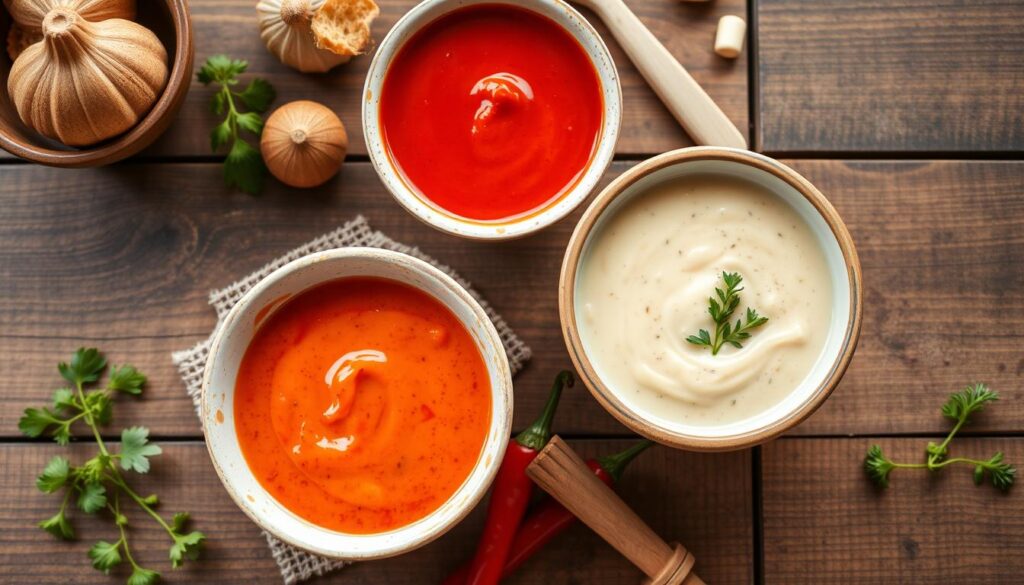 Trois variantes de sauce à la poivronnade dans des bols