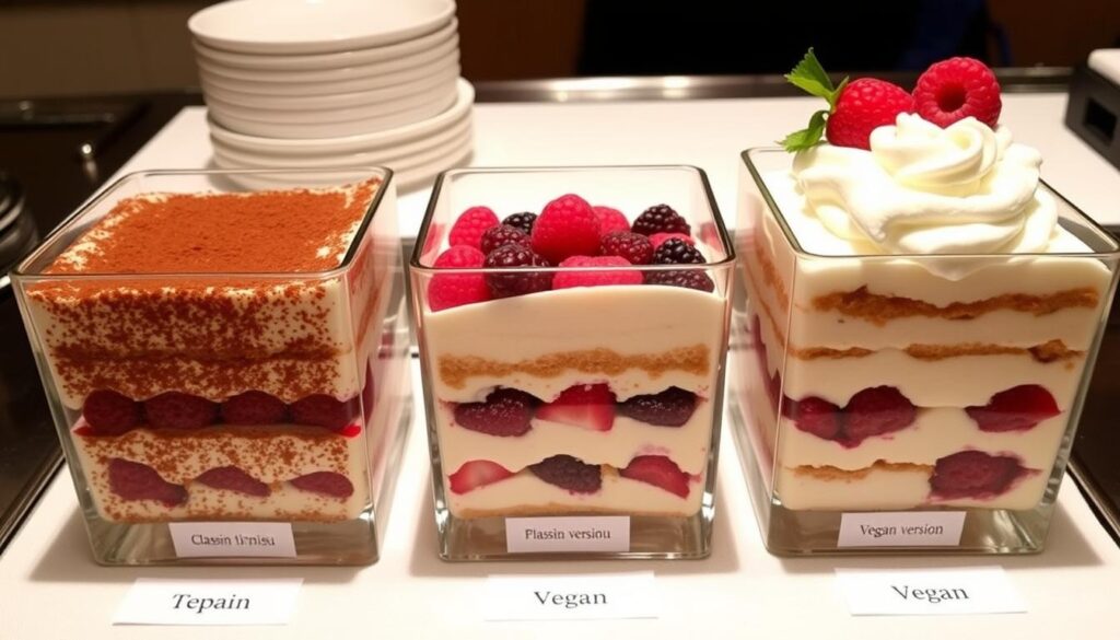 Trois variations de tiramisu aux framboises présentées côte à côte