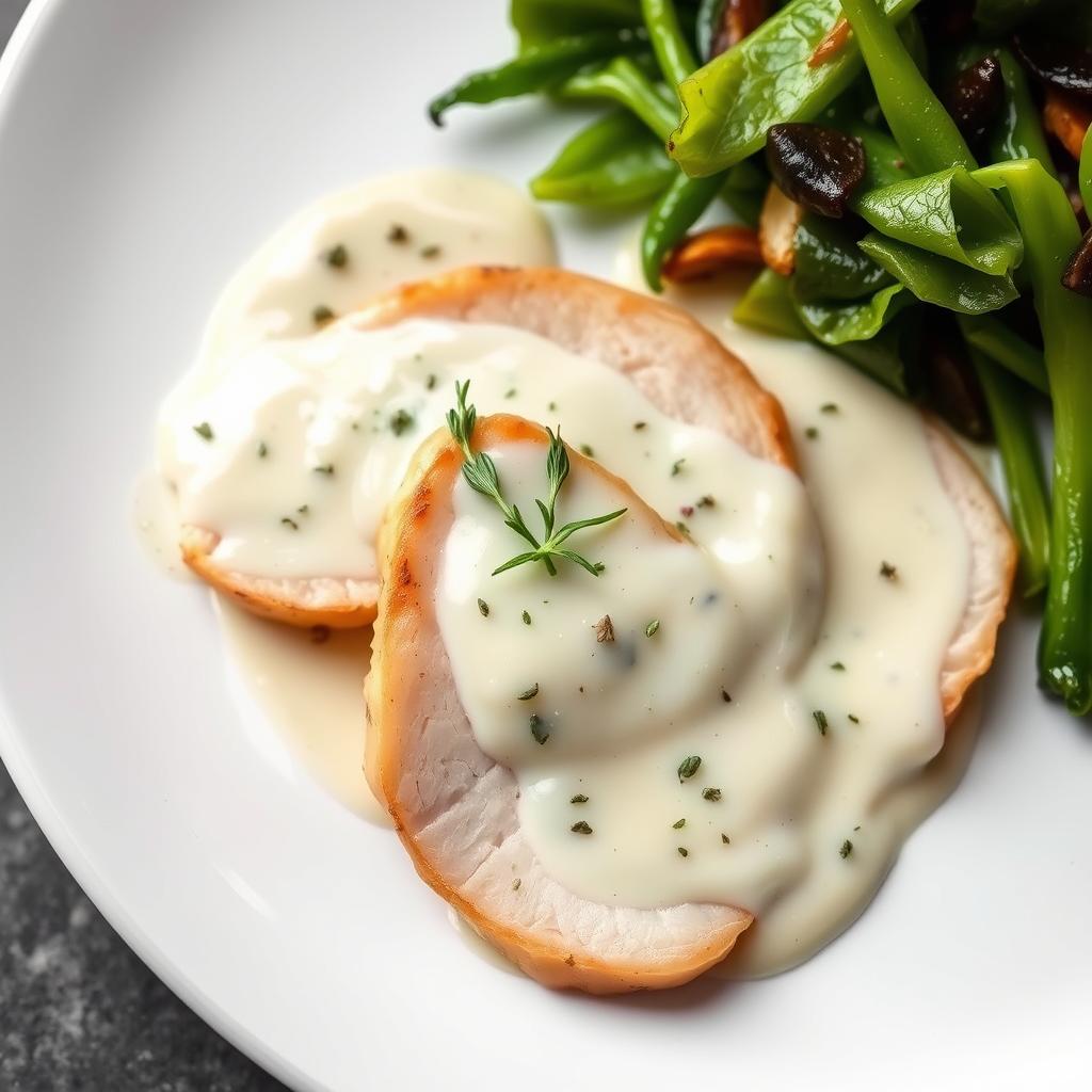 Viande blanche servie avec sauce au fromage de brebis